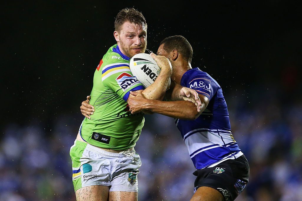 SYDNEY, NEW SOUTH WALES - APRIL 04: Elliott Whitehead of the Raiders runs the ball during the round five NRL match between the Canterbury Bulldogs and the Canberra Raiders at Belmore Sports Ground on April 4, 2016 in Sydney, Australia. (Photo by Brendon Thorne/Getty Images)